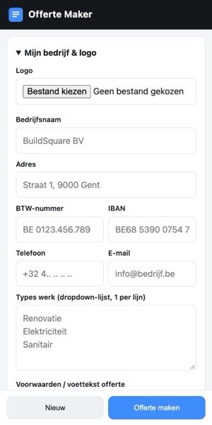 Offerte maken met een app: het instellingenscherm van de gratis offerte-app